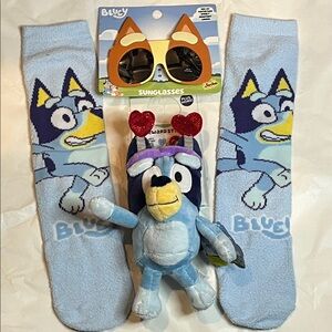 Bluey 4 Pc Bundle Hearts Bag Clip, Socks, Sunglasses, And Sticker Chart NWT